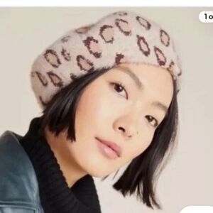 Anthropologie  Norla Canada Leopard Print Beret - Cream and Brown